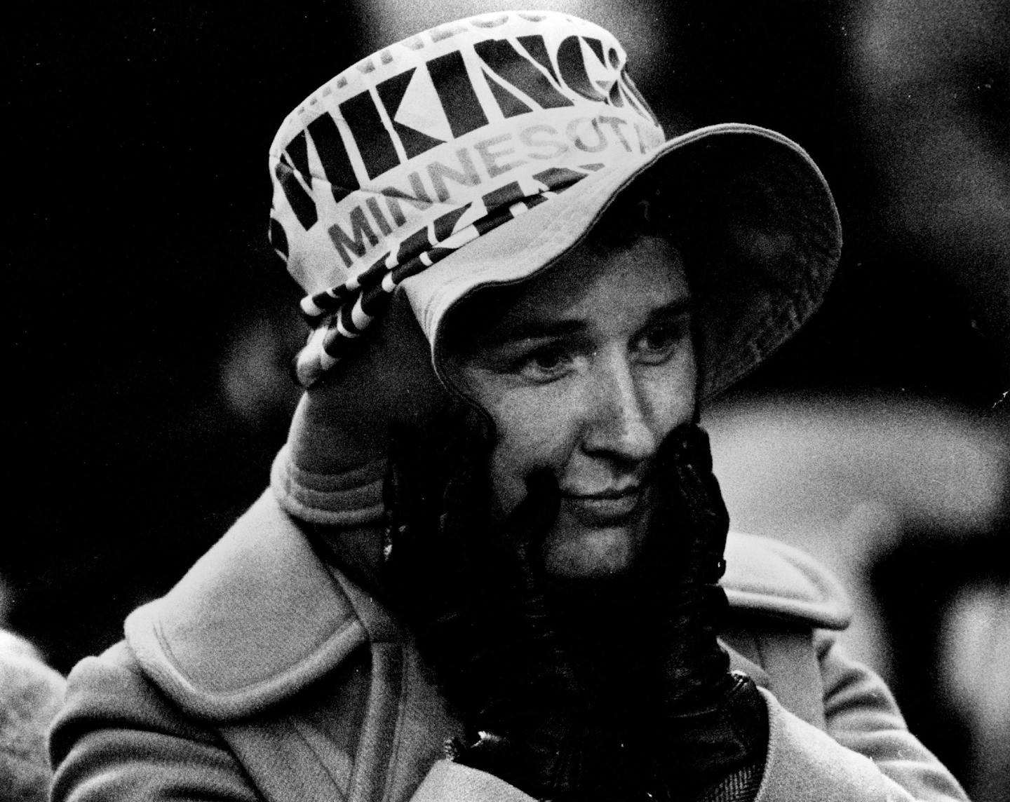 January 13, 1975 Viking hat a shield against cold January 12, 1975 Duane Braley, Minneapolis Star Tribune