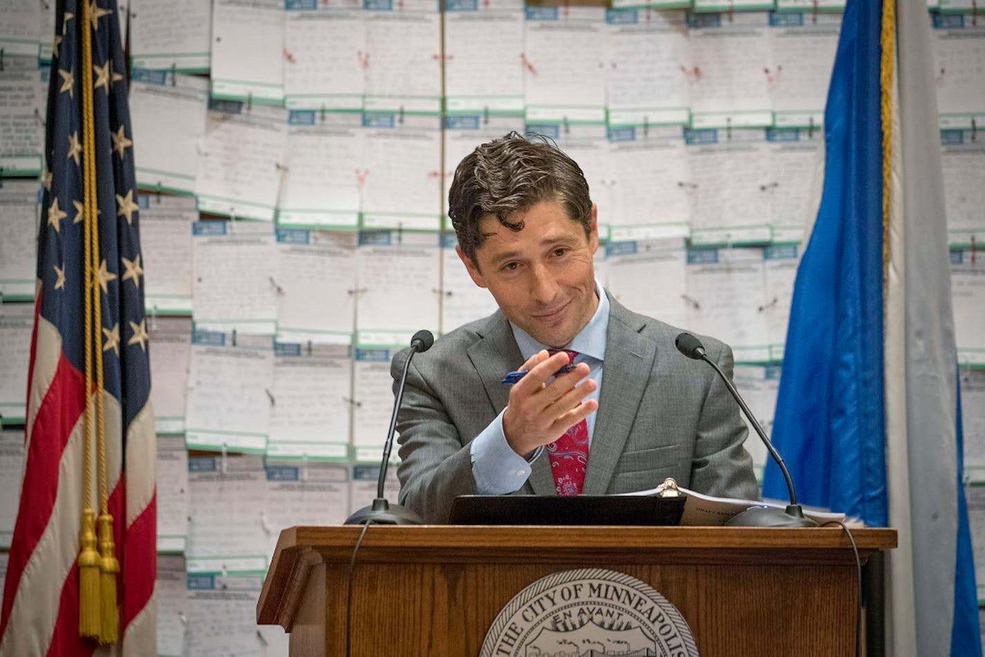 Minneapolis Mayor Jacob Frey gave his first budget address in front of notes to him from the people about the affordability of housing, at Minneapolis City Hall, Wednesday, August 15, 2018 in Minneapolis, MN.