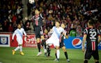 The Ottawa Fury's Rafael Alves heads the ball during the game against Minnesota United FC in the North American Soccer League Championship Semifinal o