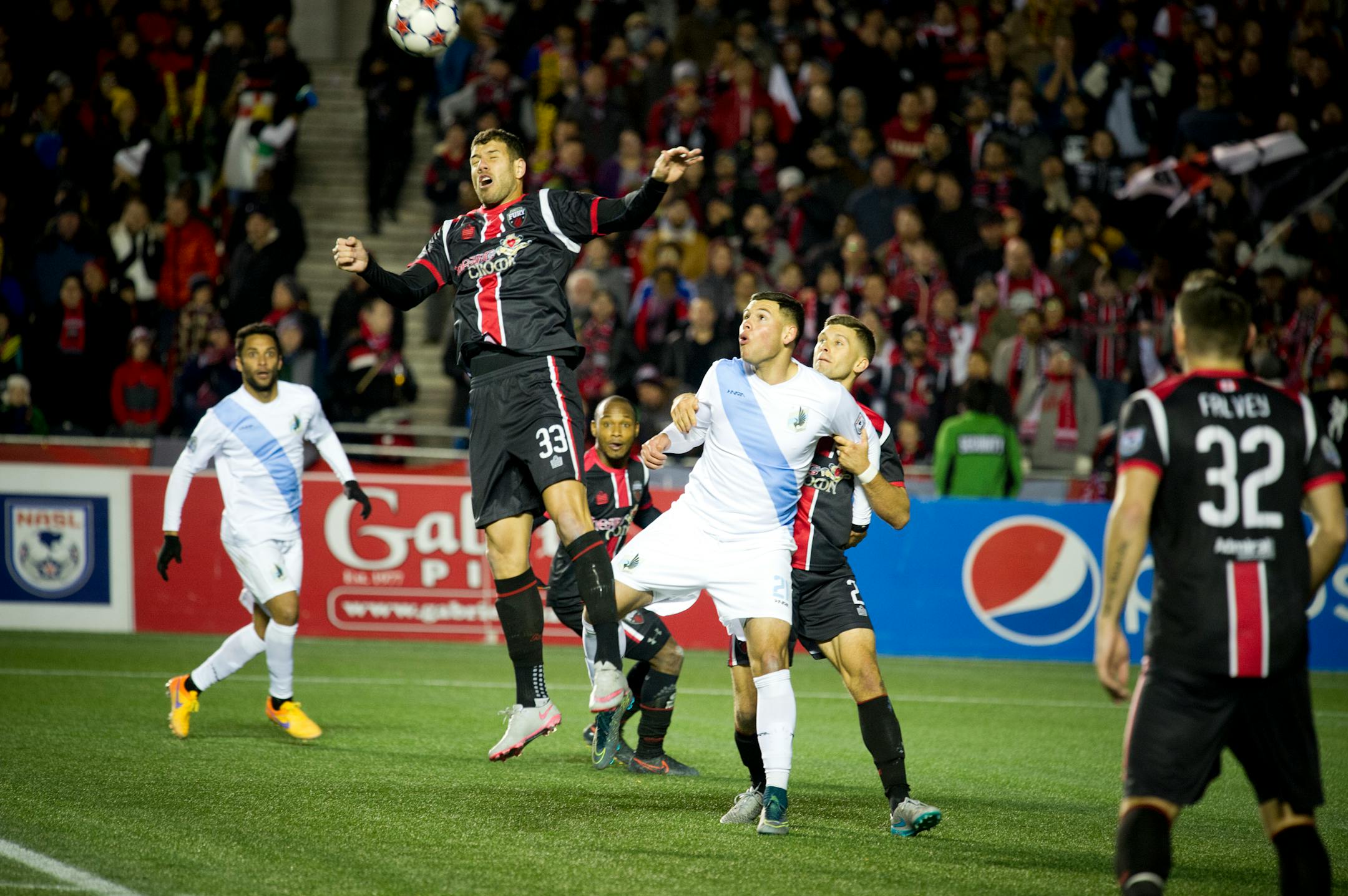 The Ottawa Fury's Rafael Alves heads the ball during the game against Minnesota United FC in the North American Soccer League Championship Semifinal on Sunday November 8, 2015 at TD Place in Ottawa, Canada.