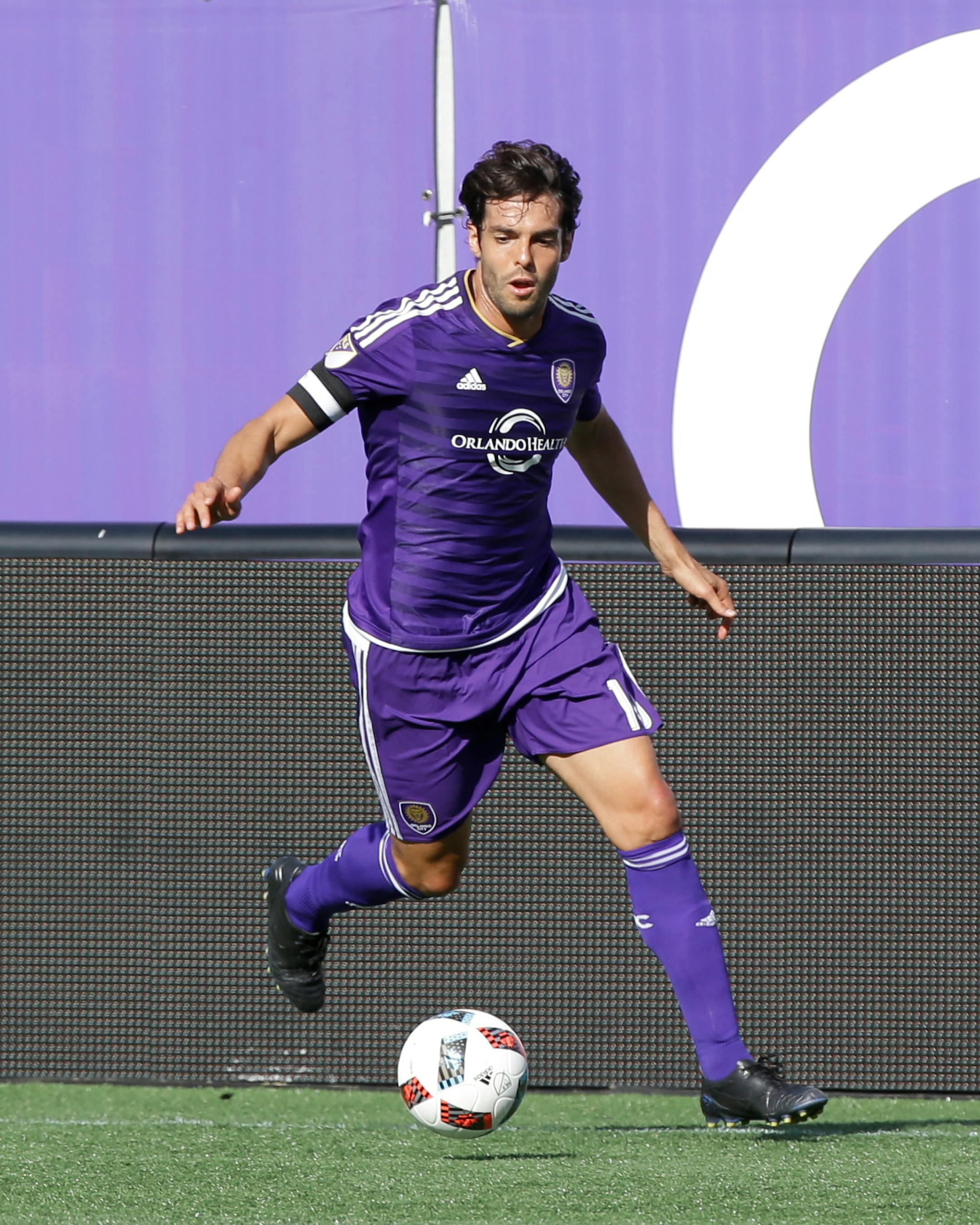 Orlando City 's Kaka moves the ball against the New England Revolution during the second half of an MLS soccer game, Sunday, April 17, 2016, in Orlando, Fla. The game ended in a 2-2 tie. (AP Photo/John Raoux) ORG XMIT: FLJR1