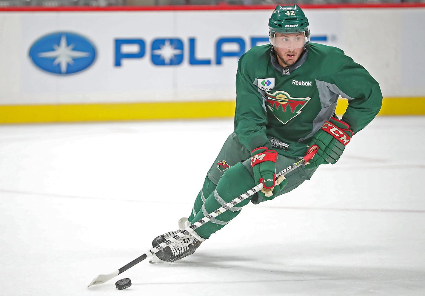 Minnesota Wild forward Pat Cannone moved the puck down the ice during the first day of practice on the ice at the Xcel Energy Center, Friday, September 23, 2016 in St. Paul, MN. ] (ELIZABETH FLORES/STAR TRIBUNE) ELIZABETH FLORES &#x2022; eflores@startribune.com