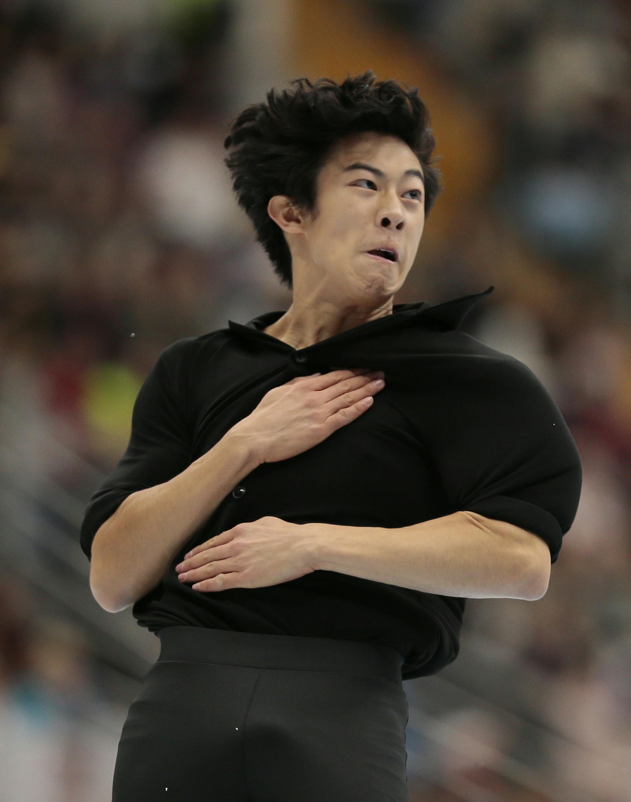 Nathan Chen, of the United States, skates his short program to lead the Rostelekom Cup ISU Grand Prix figure skating event in Moscow, Russia, on Friday, Oct. 20, 2017. (AP Photo/Ivan Sekretarev)
