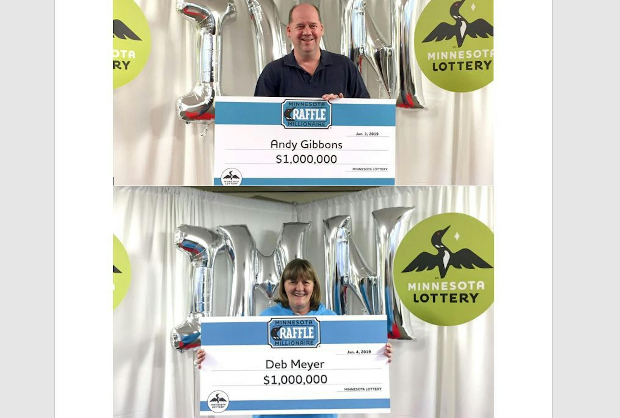Andy Gibbons and Deb Meyer illustrate their feelings about winning $1 million.