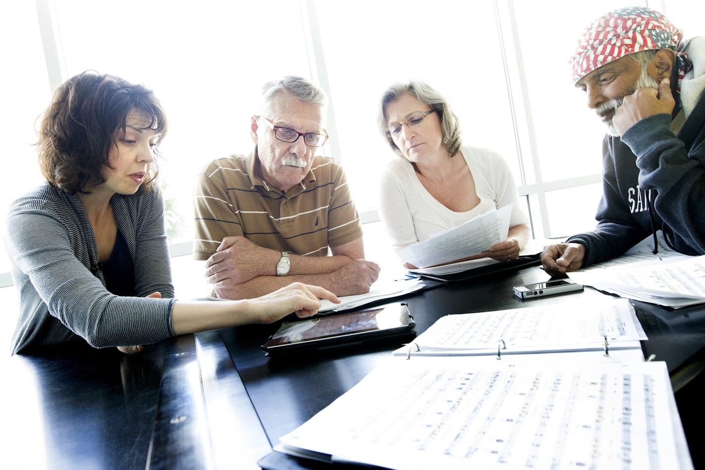 Left to right, voice instructor Andrea Leap works with Charles Reinhart, Cindy Dittmer, and Krishna Seshan in a Singing Basics class at MacPhail Center for Music in Minneapolis July 15, 2014. (Courtney Perry/Special to the Star Tribune)