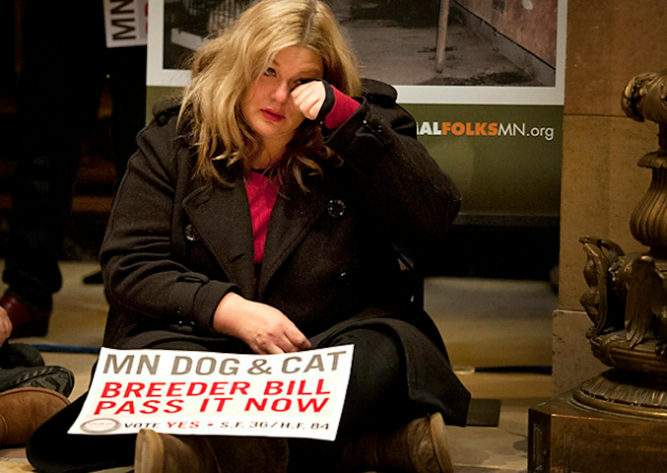 Carol Brenner of St. Paul wiped away tears as Kathy DuVall described the severe health problems of a dog she took in that was rescued from a puppy mill.   Supporters cheered for a bill that would regulate dog and cat breeders in Minnesota which is among the largest producers of puppies in the nation.  Speakers talked about rescuing dogs from horrific conditions  that exist in some of the unregulated puppy mills now.  Tuesday, February 19, 2013    ]   GLEN STUBBE * gstubbe@startribune.com
