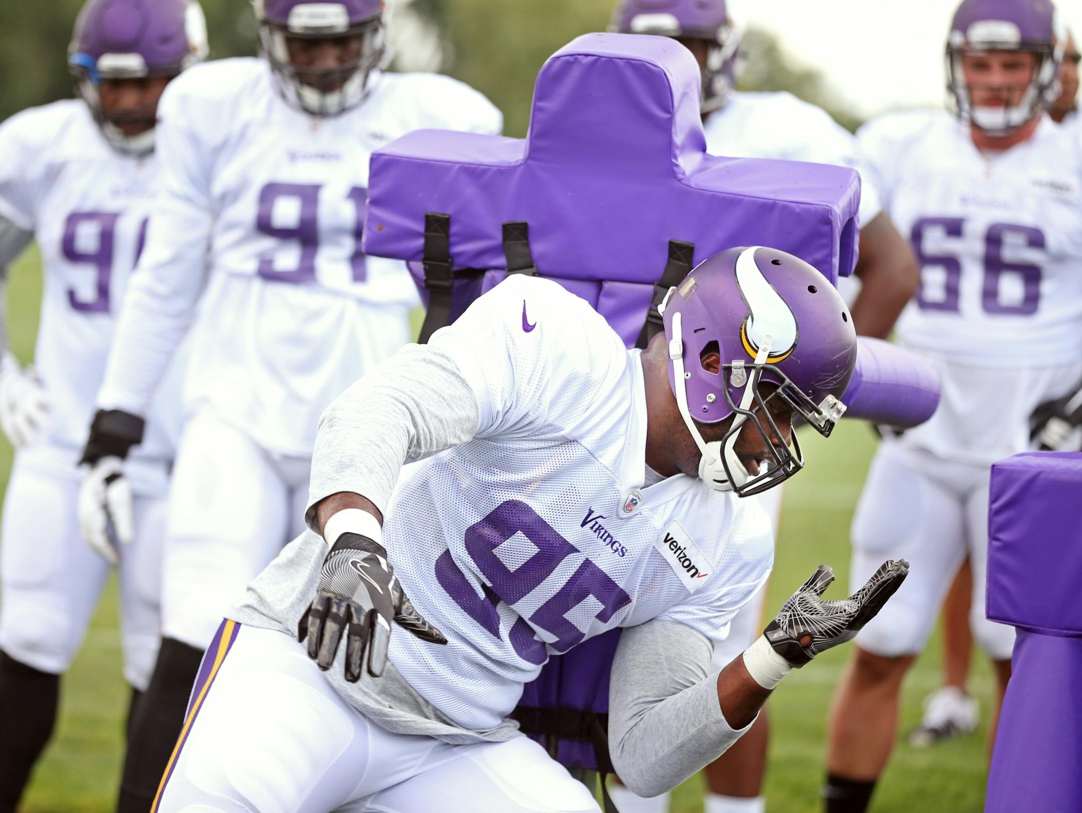 Minnesota Vikings defensive end Datone Jones (95) worked on line drills during practice at Minnesota State University, Mankato Monday August 7, 2017 in Mankato, MN.