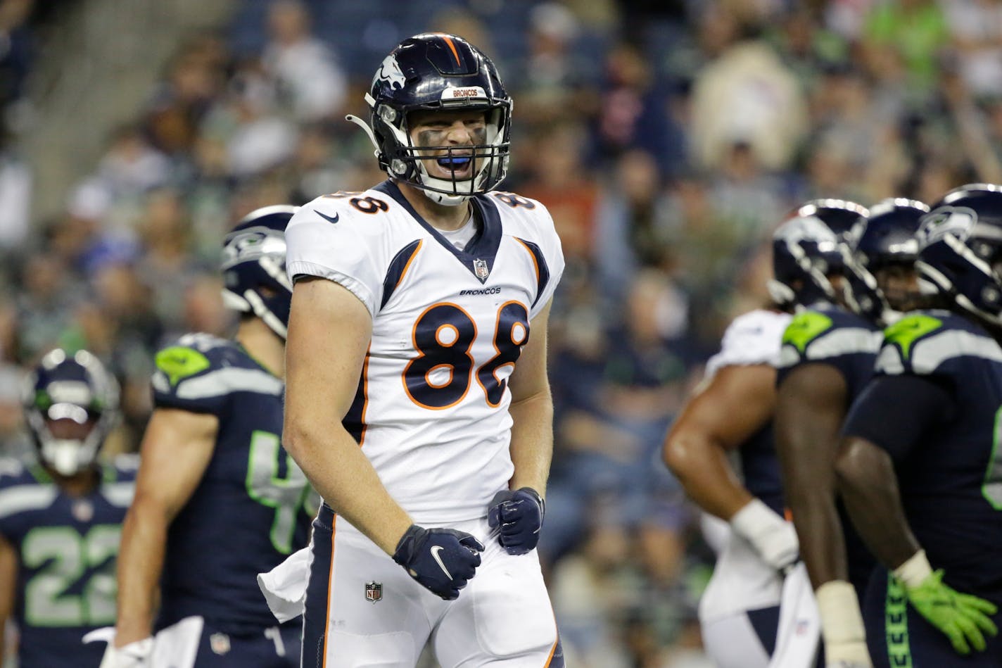 Denver Broncos tight end Shaun Beyer (88) reacts during an NFL preseason football game against the Seattle Seahawks, Saturday, Aug. 21, 2021, in Seattle. (AP Photo/Jason Redmond)