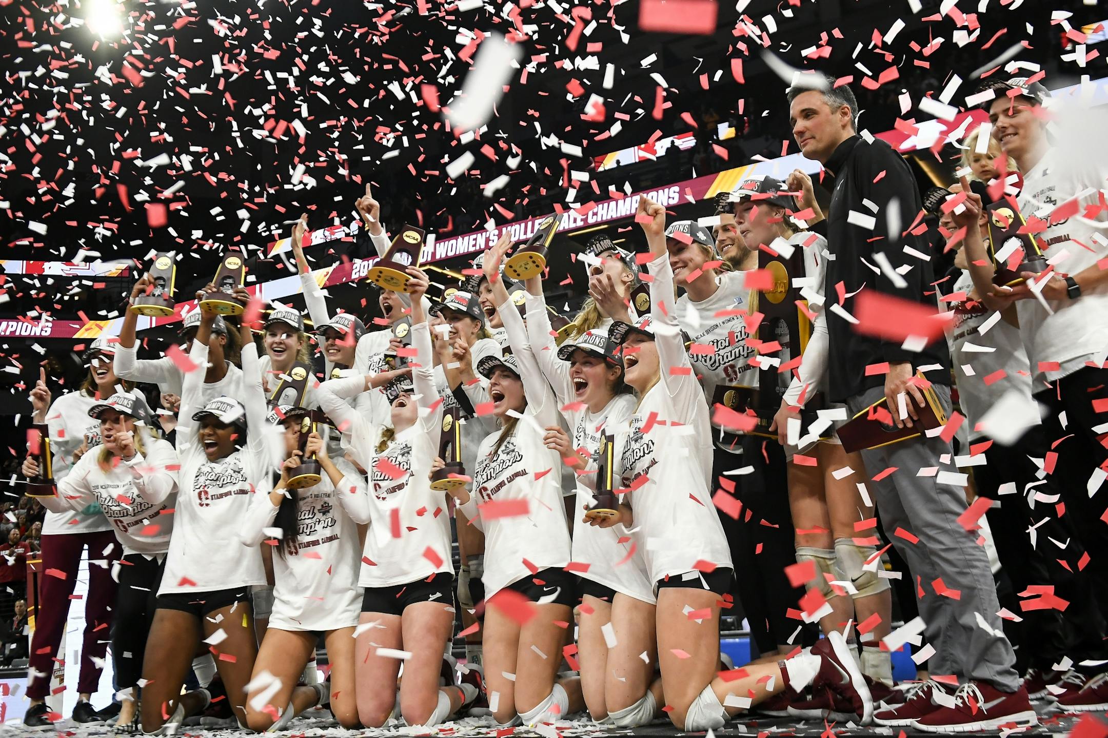 Stanford celebrated after defeating Nebraska 3-2 in the NCAA DI volleyball championship match Saturday night.