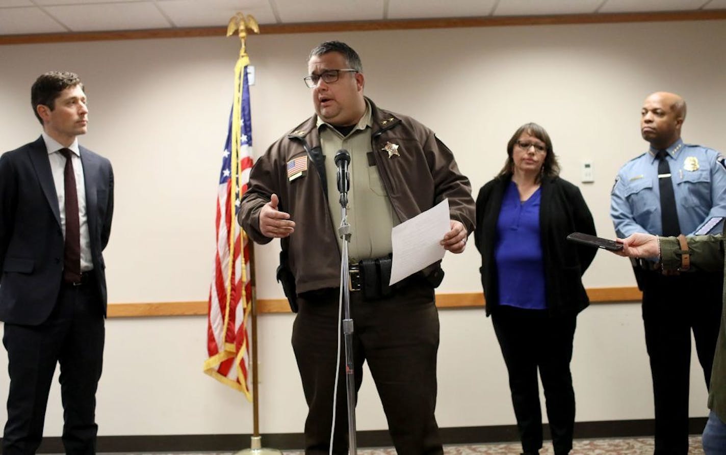 Hennepin County Sheriff Dave Hutchinson talks about some of the challenges to jail inmates who opioid addictions and how he, and a Taskforce of city, county and state leaders are rallying around the epidemic to come up with solutions and seen during a press conference Thursday, April 4, 2019, at Minneapolis City Hall in Minneapolis, MN. Standing behind Hutchinson are Minneapolis mayor Jacob Frey, left to right, Mary LaGarde, executive director of the Minneapolis American Indian Center, and Minne