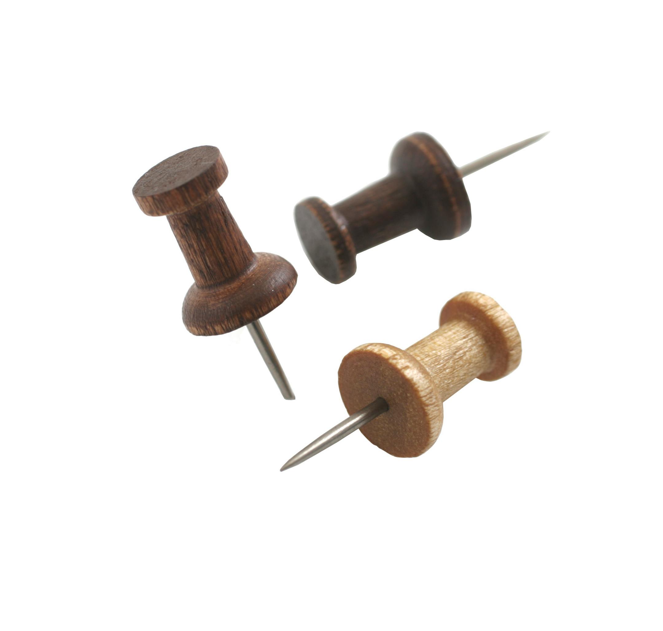Real wood push pins in walnut or golden oak finishes.