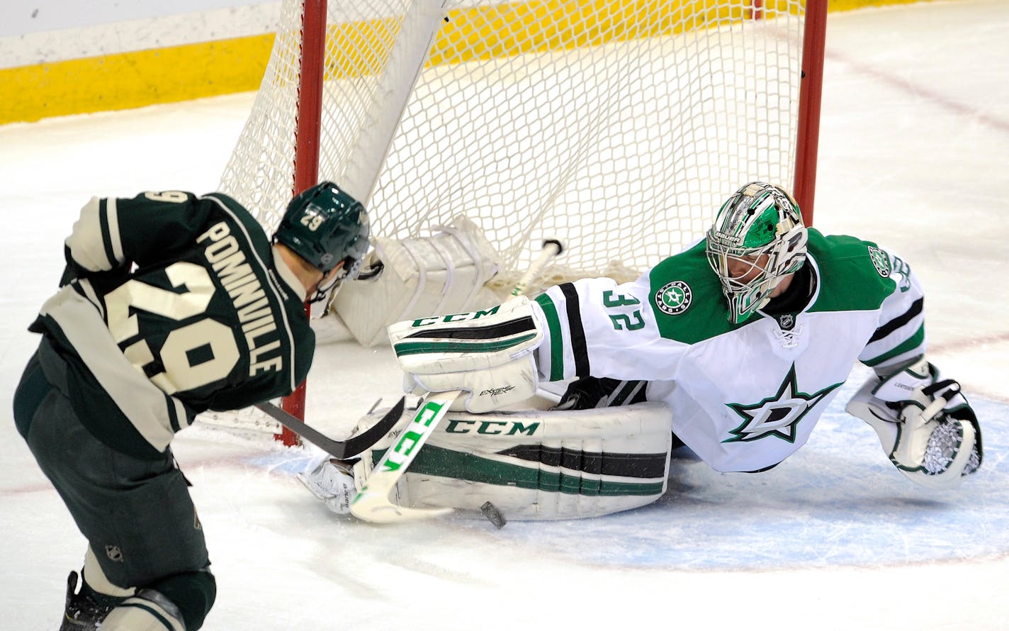 Dallas goalie Kari Lehtonen made a save against the Wild's Jason Pominville during their Feb. 9 game in St. Paul. The Stars won four of five games against the Wild this season, three in overtime.