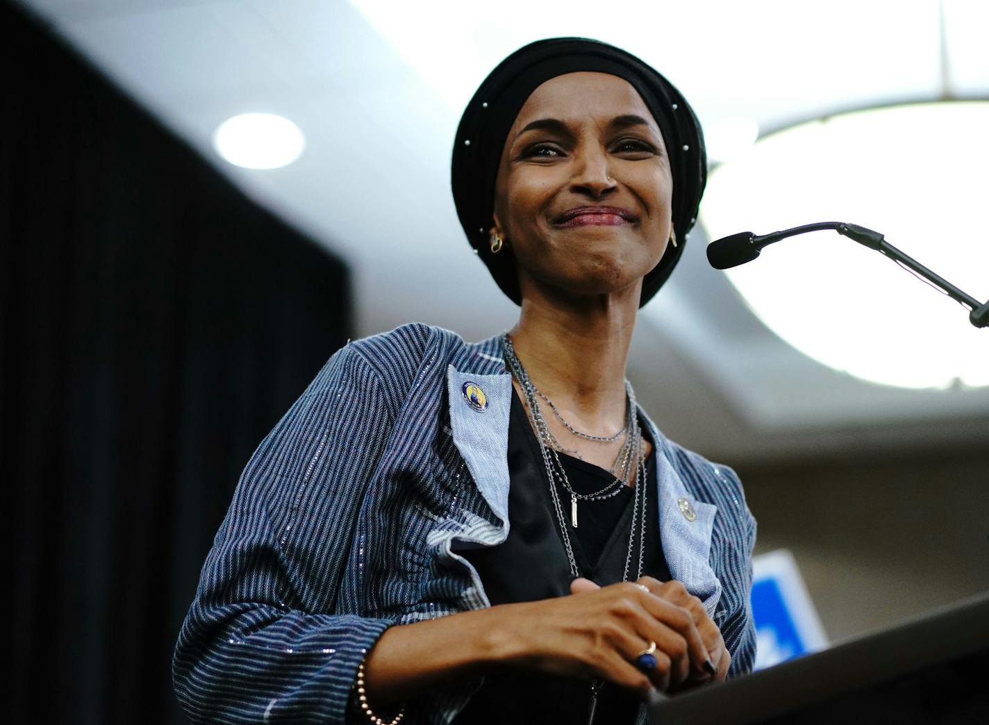 Ilhan Omar delivers her victory speech to supporters in a packed ballroom. ] MARK VANCLEAVE ï mark.vancleave@startribune.com * Ilhan Omar is poised to become the first Somali-American elected to Congress, representing Minnesota's Fifth District. Photographed at her election night headquarters in Minneapolis on Tuesday, Nov. 6, 2018.