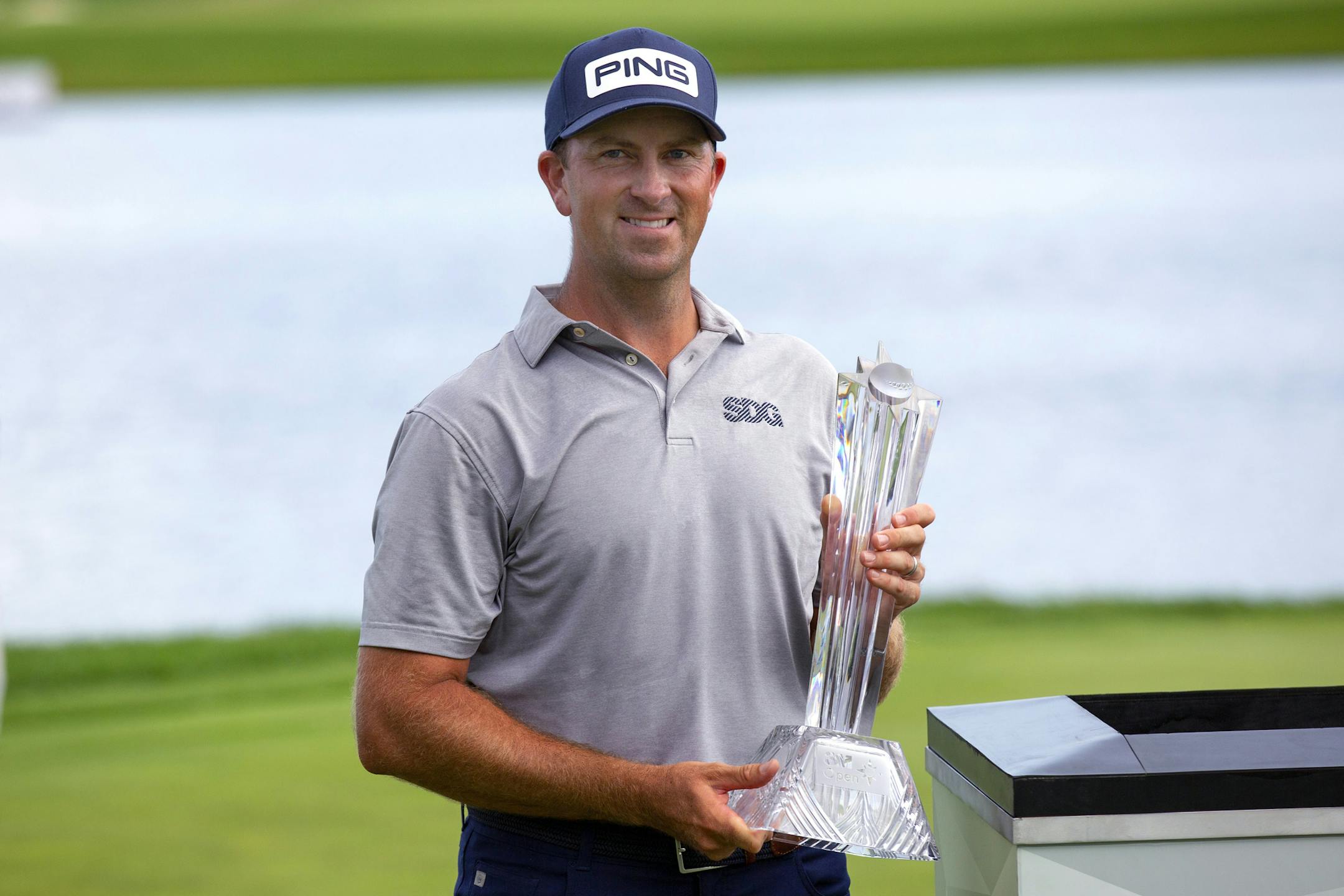 Michael Thompson holds the trophy after winning the 3M Open golf tournament in Blaine, Minn., Sunday, July 26, 2020. (AP Photo/Andy Clayton-King)