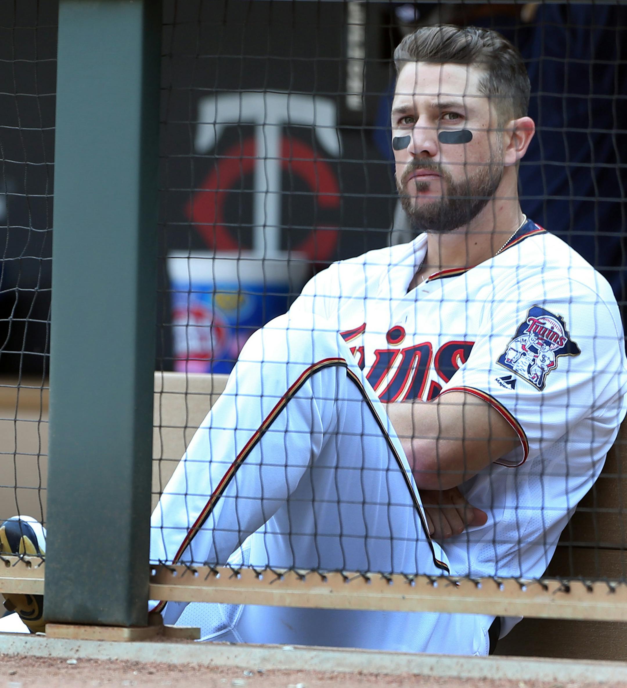 Minnesota Twins third baseman Trevor Plouffe (24) sat in the dug out alone after the Twins loss there 9th game at Target Field Thursday April 14, 2016 in Minneapolis, MN. ] The Chicago White Sox beat the Minnesota Twins 3-1. Jerry Holt Jerry.Holt@Startribune.com