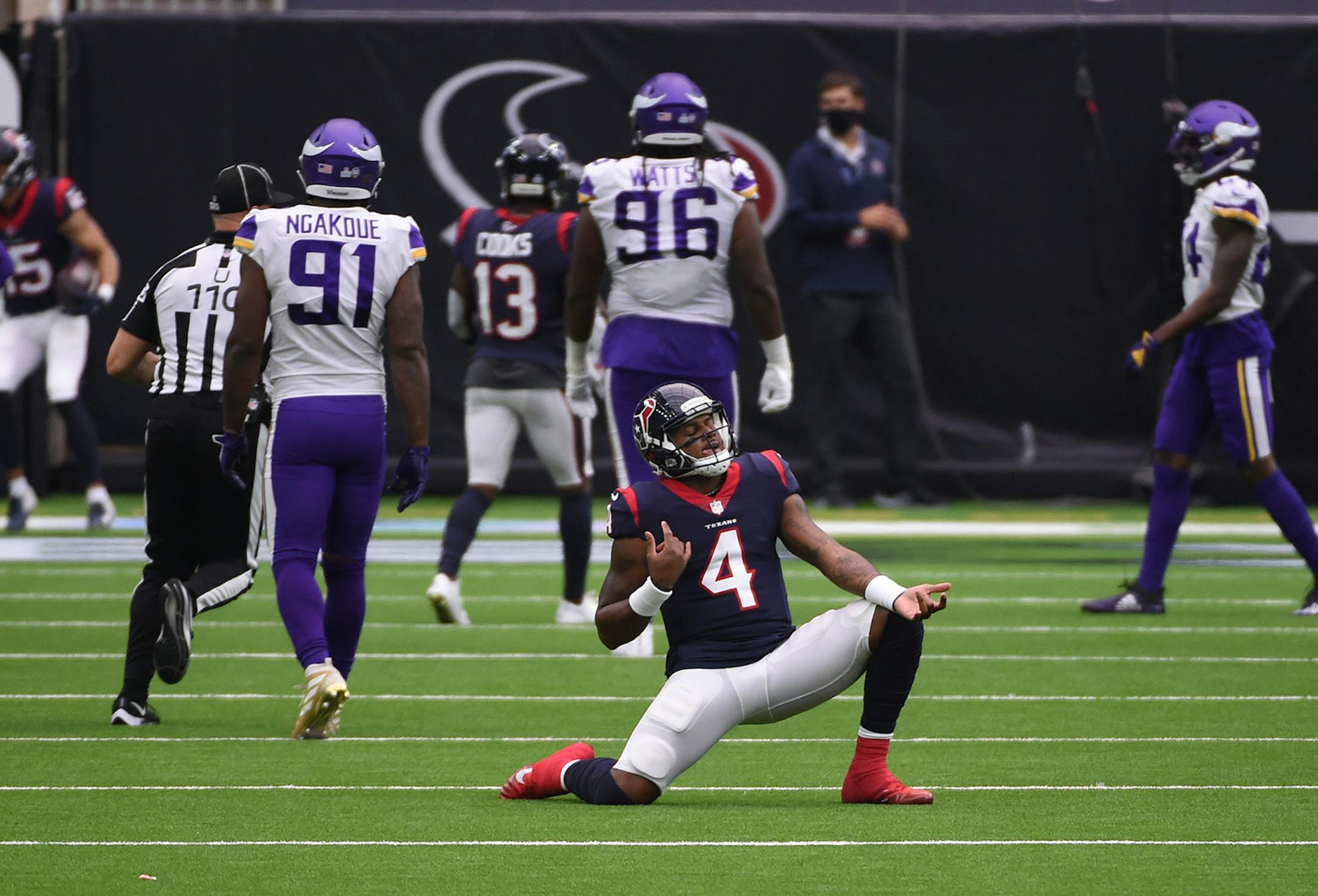 Houston Texans quarterback Deshaun Watson (4) celebrates a touchdown against the Minnesota Vikings during the second half of an NFL football game Sunday, Oct. 4, 2020, in Houston. (AP Photo/Eric Christian Smith)