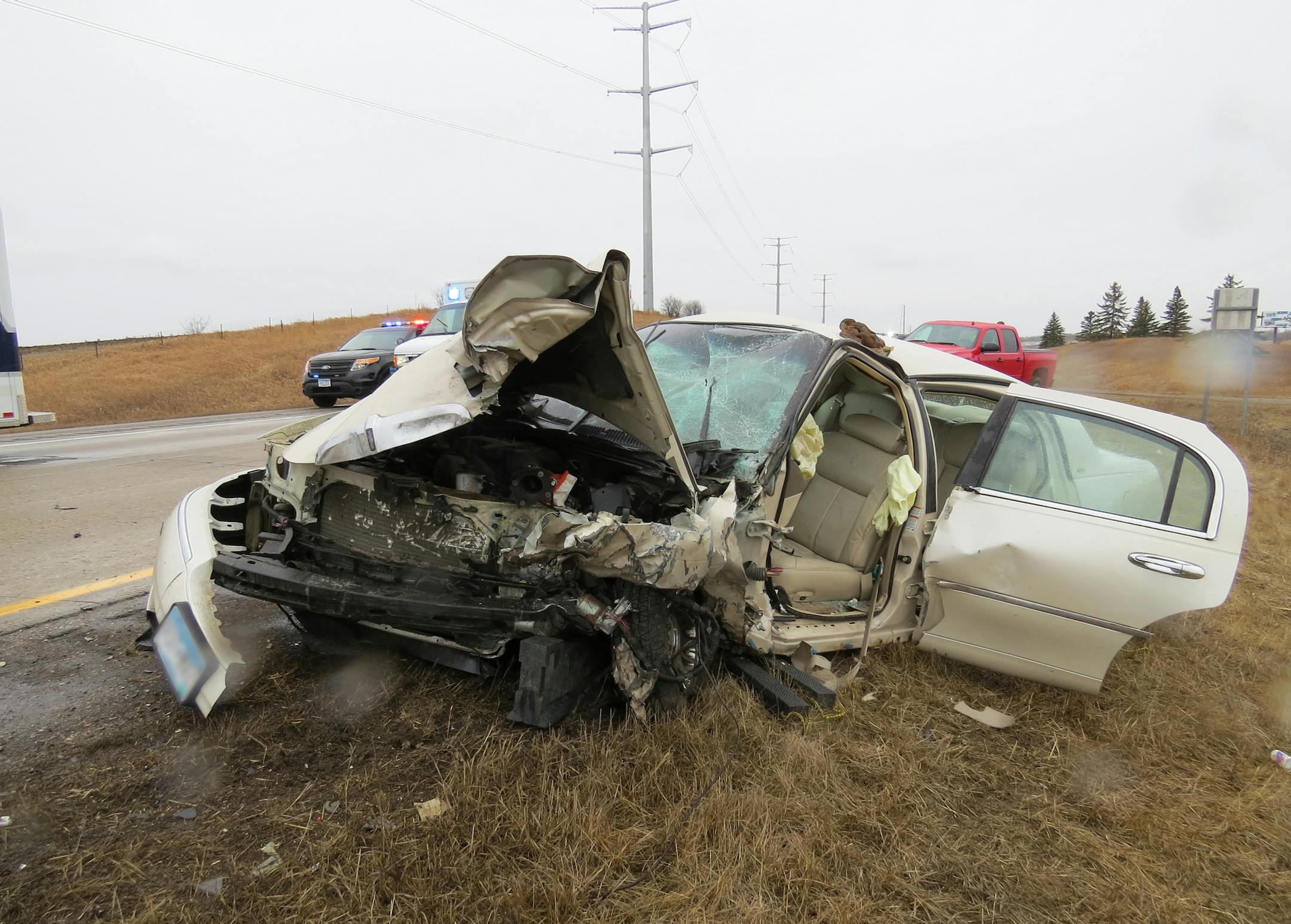 Jana Battern's Lincoln Town Car after she hit Elias Youngblom while driving the wrong way on I-94 near Fergus Falls on March 15, 2015. She was drunk at the time of the crash, the State Patrol said.