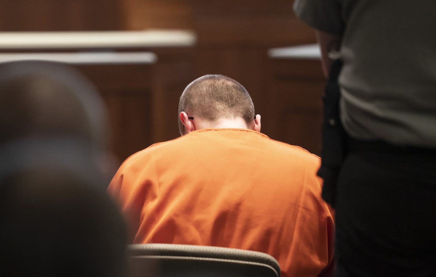 Jake Patterson bowed his head as lawyer Chris Gramstrup read a statement by Jayme Closs at sentencing of Patterson for the murder of James and Denise Closs and abduction of Jayme Closs at the Barron County Justice Center in Barron, Wis., on Friday, May 24, 2019. ] RENEE JONES SCHNEIDER &#x2022; renee.jones@startribune.com