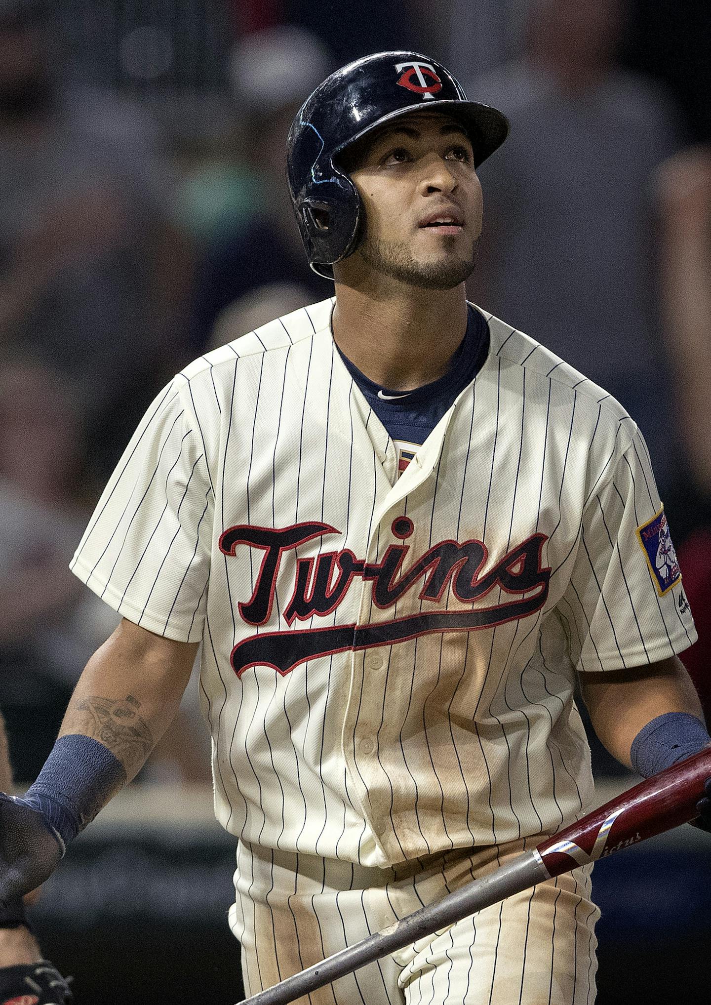 The Minnesota Twins' Eddie Rosario watches the flight of his walk-off two-run home run in the 10th inning against the San Diego Padres on Wednesday, Sept. 13, 2017, at Target Field in Minneapolis. The Twins won, 3-1, in 10 innings. (Carlos Gonzalez/Minneapolis Star Tribune/TNS) ORG XMIT: 1211076