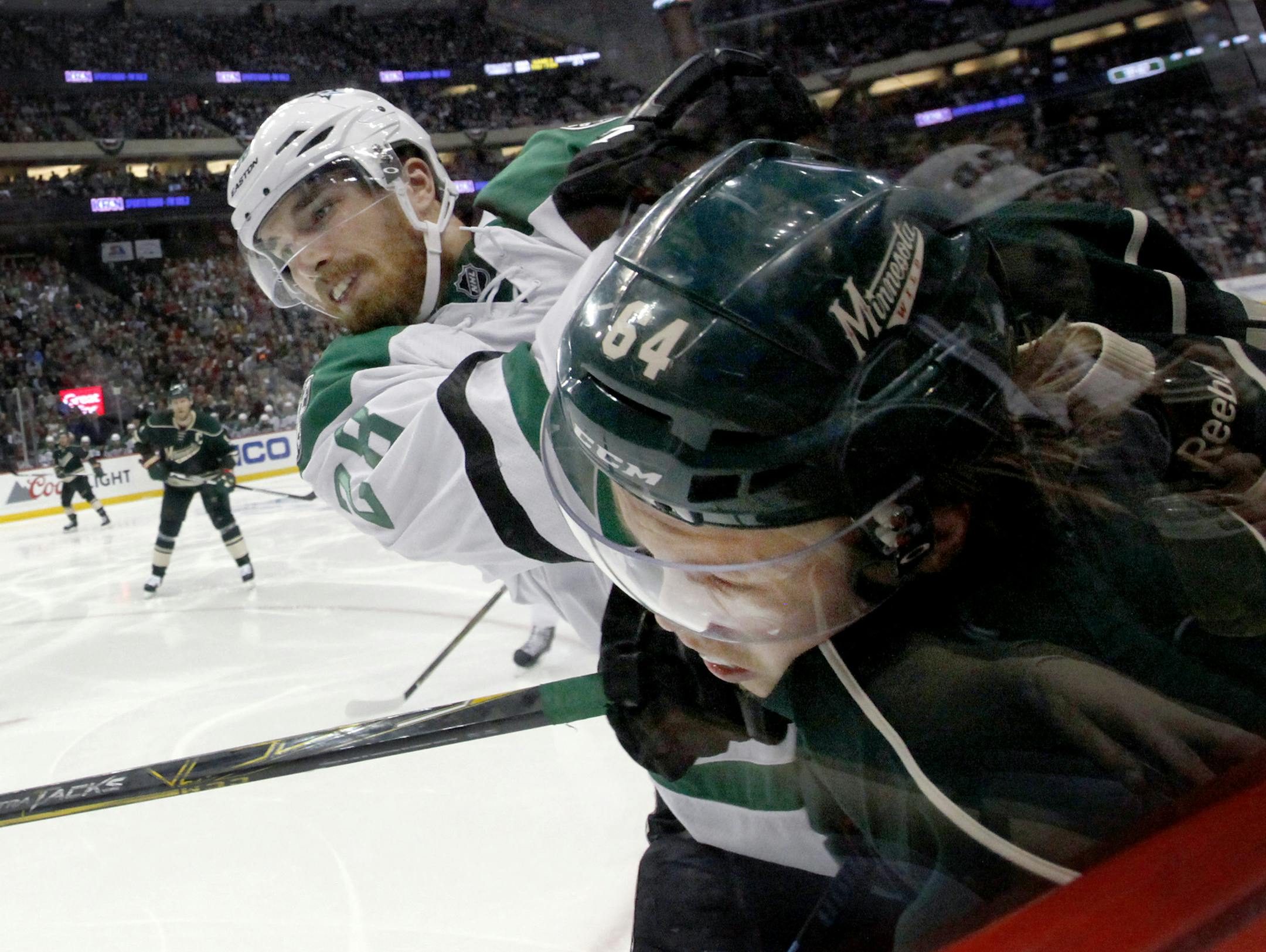 Mikael Granlund, right, has not shied away from the physical play in the Wild&#x2019;s first-round series with the Stars.