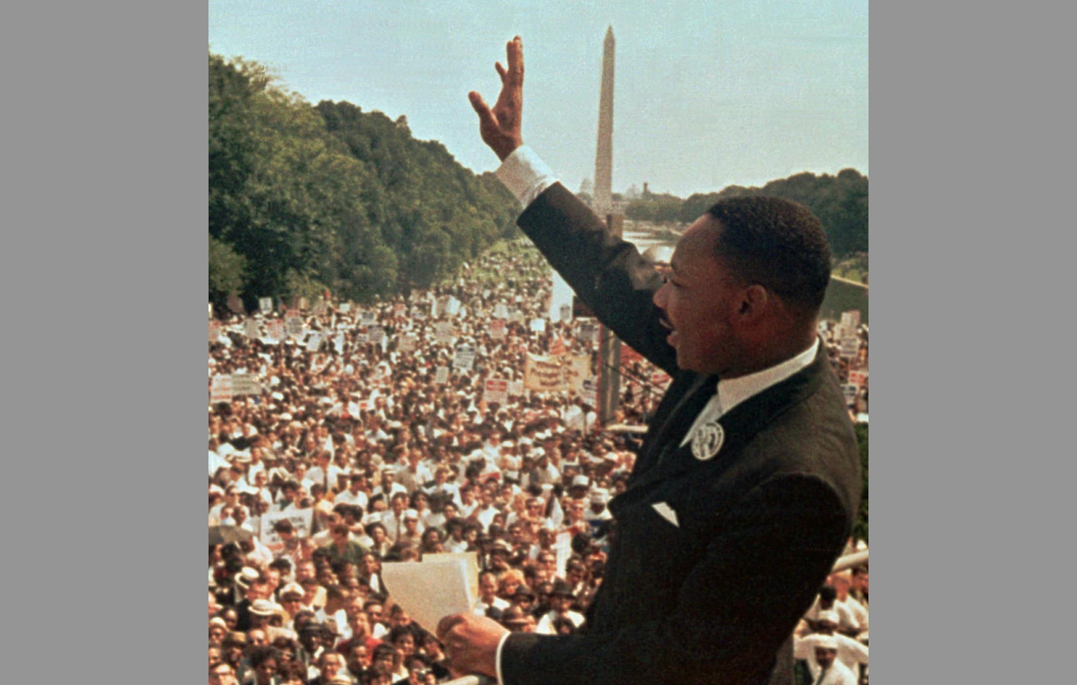 The Rev. Martin Luther King Jr. acknowledged the crowd at the Lincoln Memorial for his "I Have a Dream" speech during the March on Washington, D.C., Aug. 28, 1963.