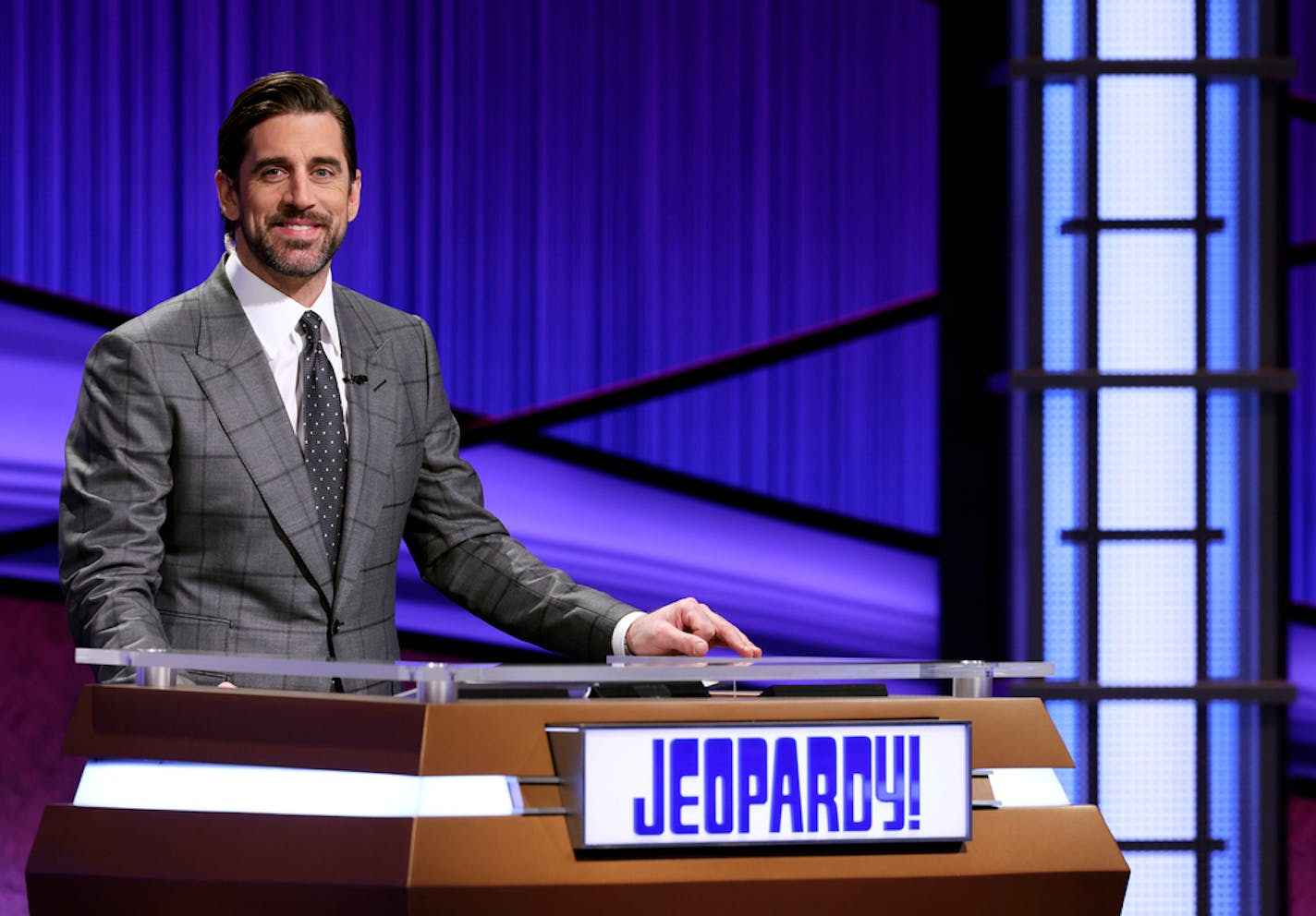 Green Bay Packers quarterback Aaron Rodgers as he guest hosts the game show "Jeopardy!"