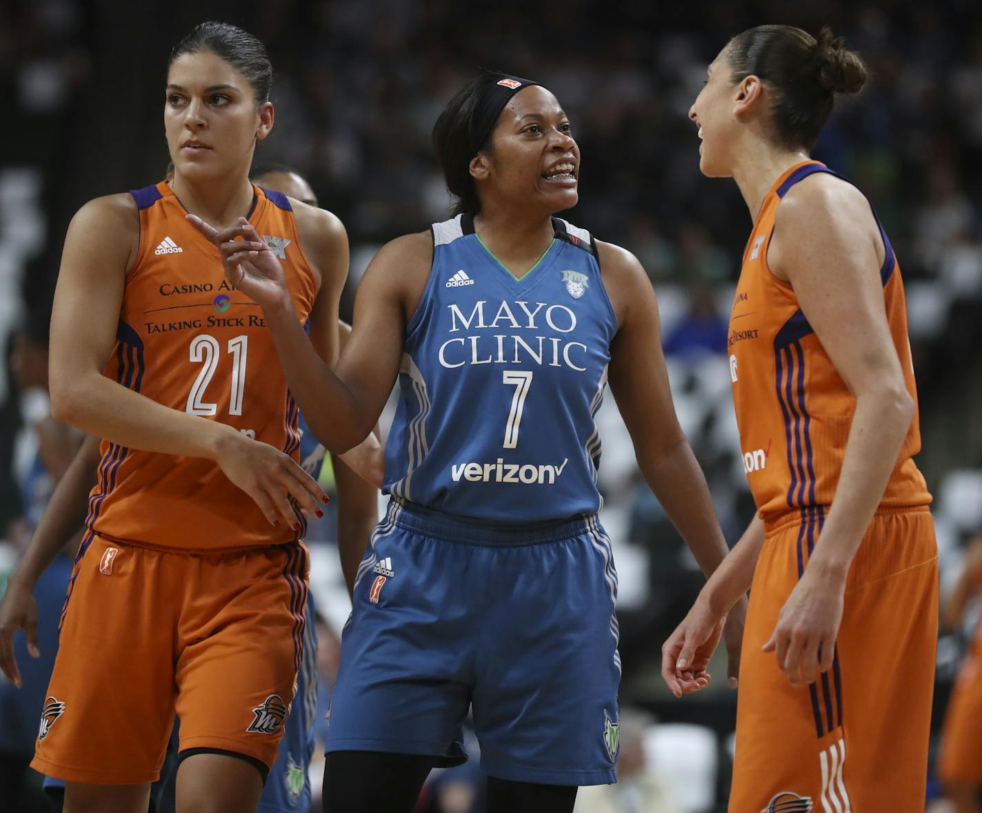 Minnesota Lynx guard Jia Perkins (7) and Phoenix Mercury guard Diana Taurasi (3) rehashed the previous play in the first quarter. At left was Phoenix guard Marta Xargay (21). ] JEFF WHEELER &#xef; jeff.wheeler@startribune.com The Minnesota Lynx met the Phoenix Mercury in Game 2 of their WNBA semi-final playoff series Friday night, September 30, 2016 at Xcel Energy Center in St. Paul.