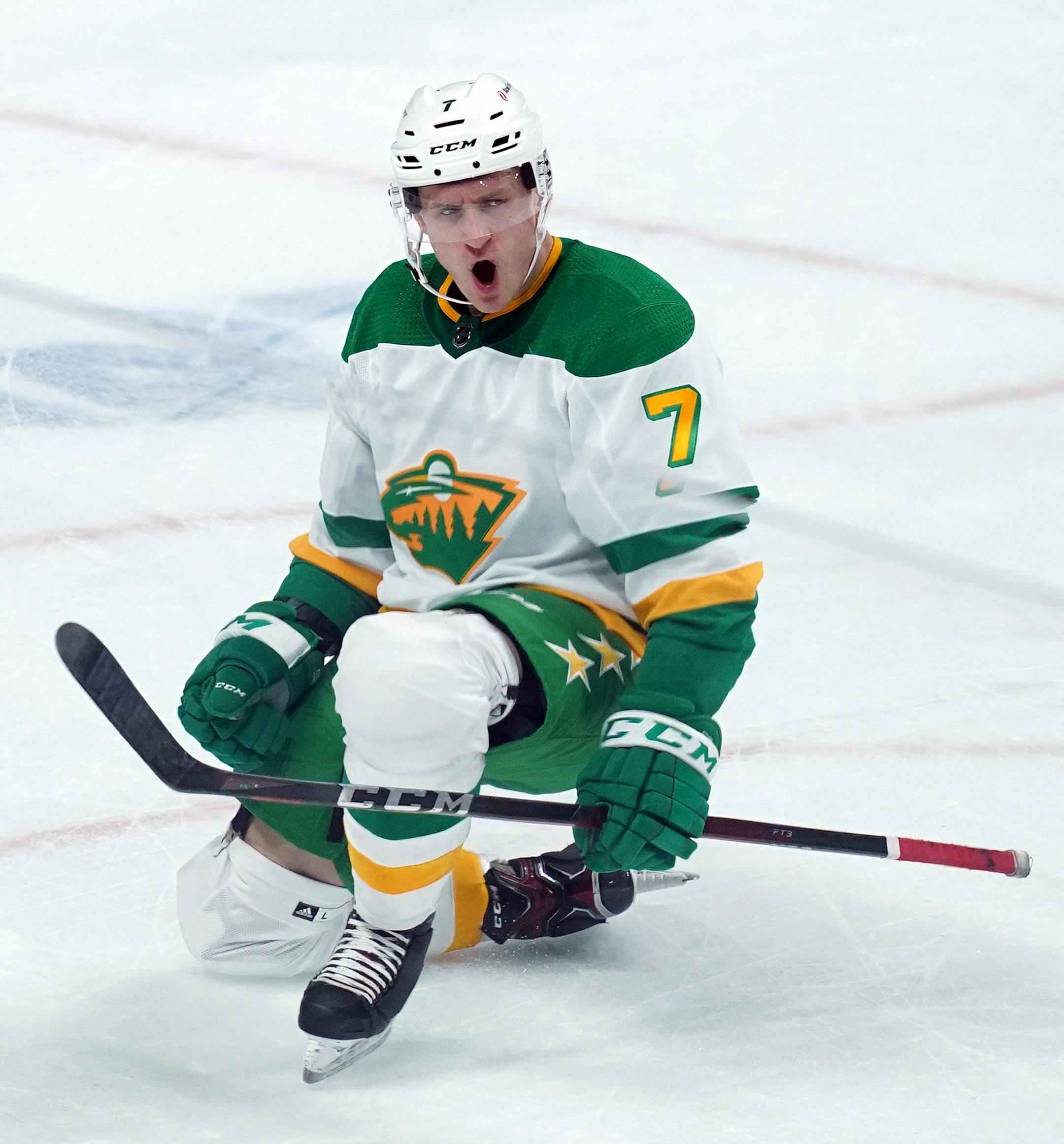 Minnesota Wild center Nico Sturm celebrated after he scored past Los Angeles Kings goaltender Calvin Petersen in the first period.