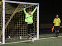 Rosemount goalkeeper Leyton Simmering celebrates his save in the third round of the shootout. Photo by Cheryl A. Myers, SportsEngine