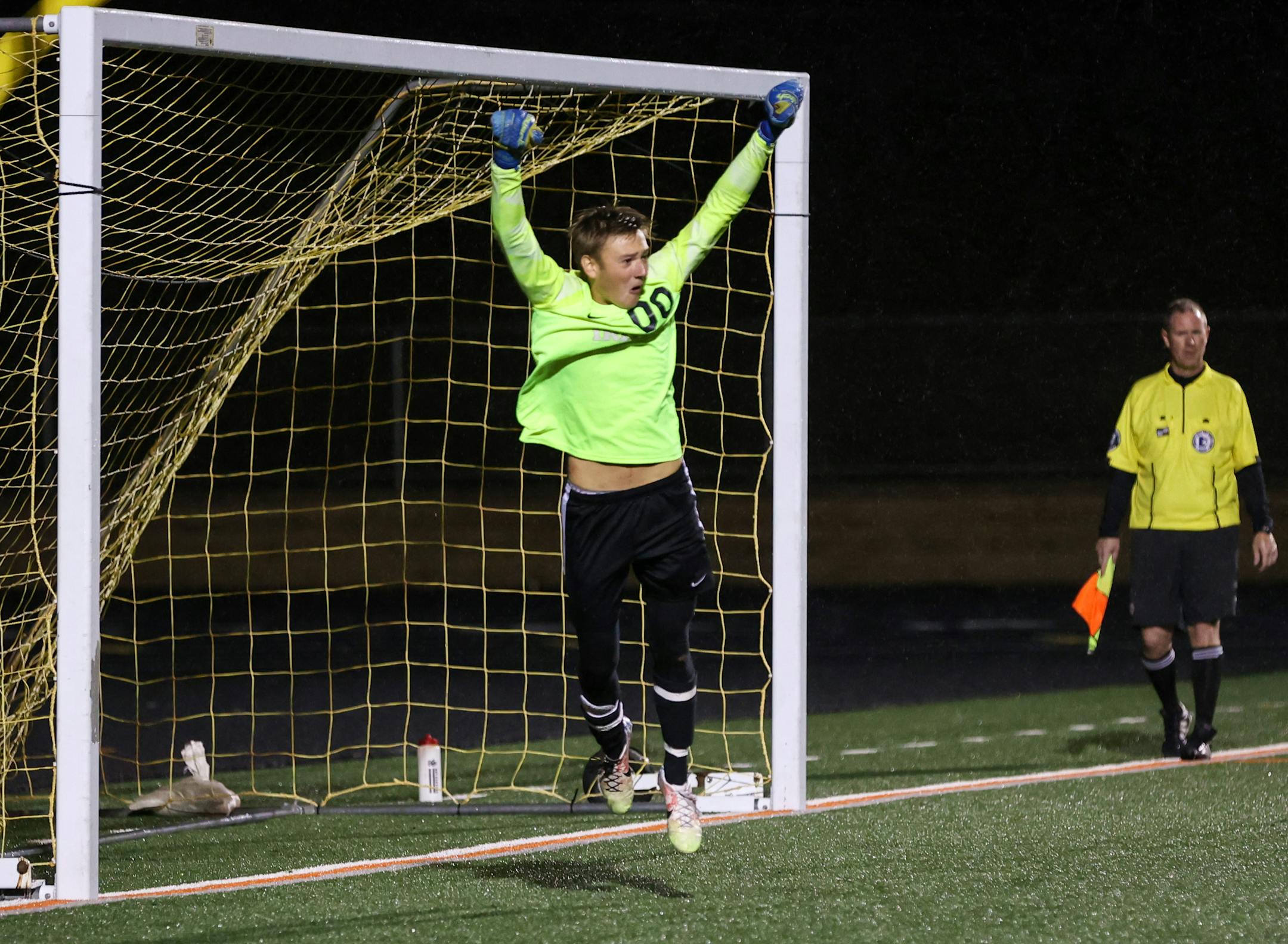 Rosemount goalkeeper Leyton Simmering celebrates his save in the third round of the shootout. Photo by Cheryl A. Myers, SportsEngine