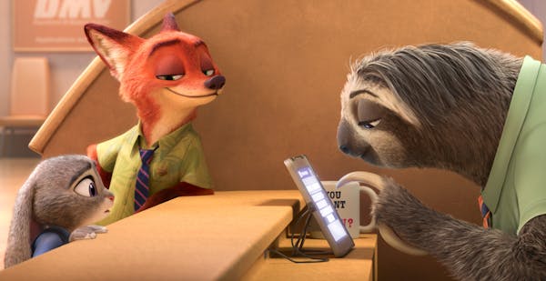 This image released by Disney shows Judy Hopps, voiced by Ginnifer Goodwin, left, Nick Wilde, voiced by Jason Bateman, second left, in a scene from th