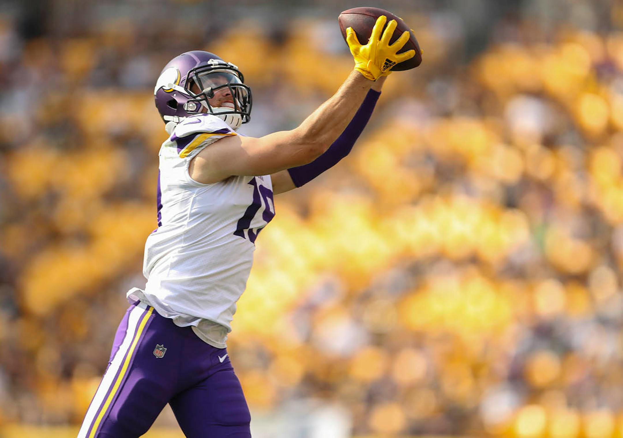 Minnesota Vikings wide receiver Adam Thielen caught an eight yard pass from quarterback Case Keenum for a fourth quarter first down.