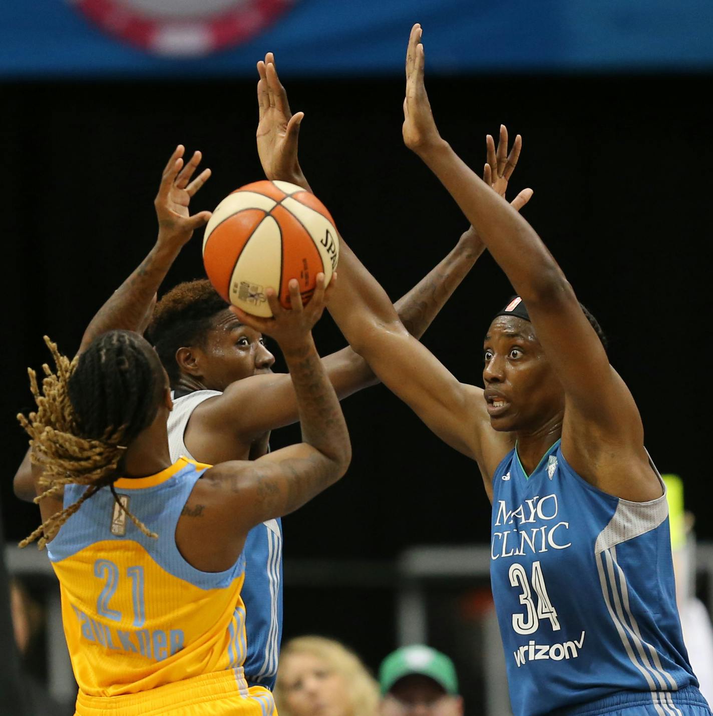 Minnesota Lynx center Sylvia Fowles (34) stopped Chicago Sky guard Jamierra Faulkner (21) for scoring in the first half at Target Center Tuesday July 5, 2016 in Minneapolis , MN.] Minnesota Lynx hosted the Chicago Sky Tuesday night at Target Center. Jerry Holt /Jerry.Holt@Startribune.com