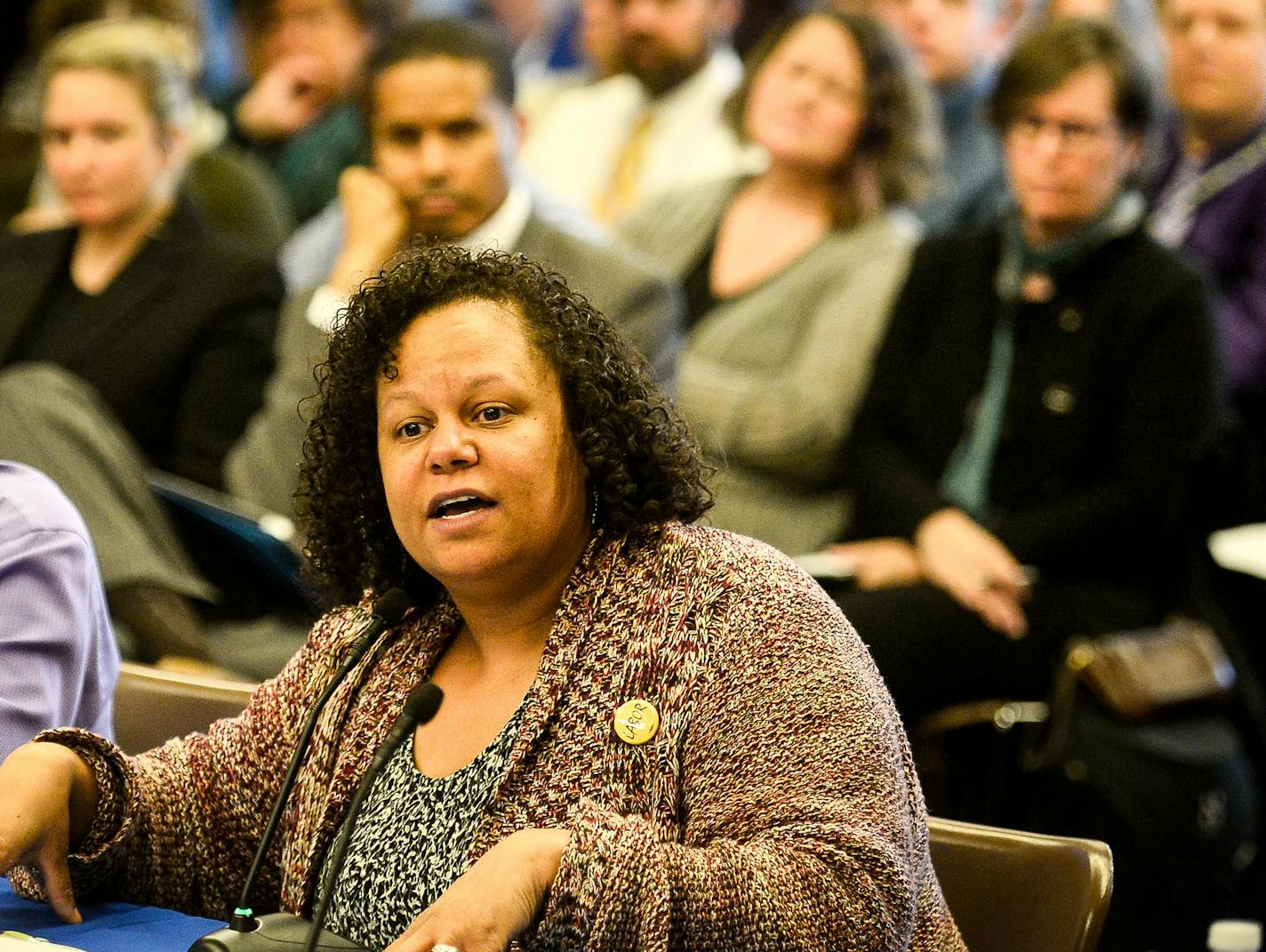 Minneapolis Public Schools board director KerryJo Felder spoke to members of the Minneapolis Principals Forum and fellow school board members during Wednesday night's meeting. Felder brought forth the motion last week that reversed layoffs of teachers, after a group of about 100 protesters disrupted a school board meeting. ] AARON LAVINSKY • aaron.lavinsky@startribune.com