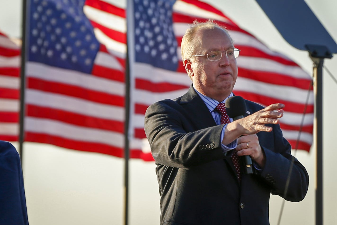 Rep. Jim Hagedorn, R-Minn., addresses a crowd at a campaign rally for President Donald Trump Friday, Oct. 30, 2020 in Rochester, Minn. (AP Photo/Bruce Kluckhohn)