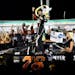 Martin Truex Jr. celebrates in Victory Lane following his victory in the NASCAR Cup auto race at Kentucky Speedway, Saturday, July 8, 2017, in Sparta,