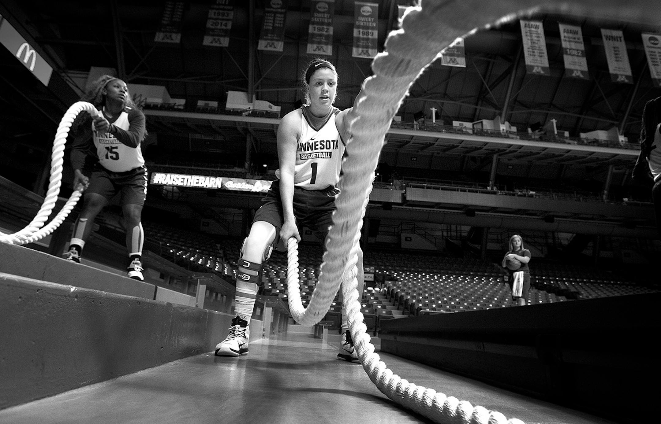 Rachel Banham worked with ropes during a practice at Williams Arena on October 29, 2015.