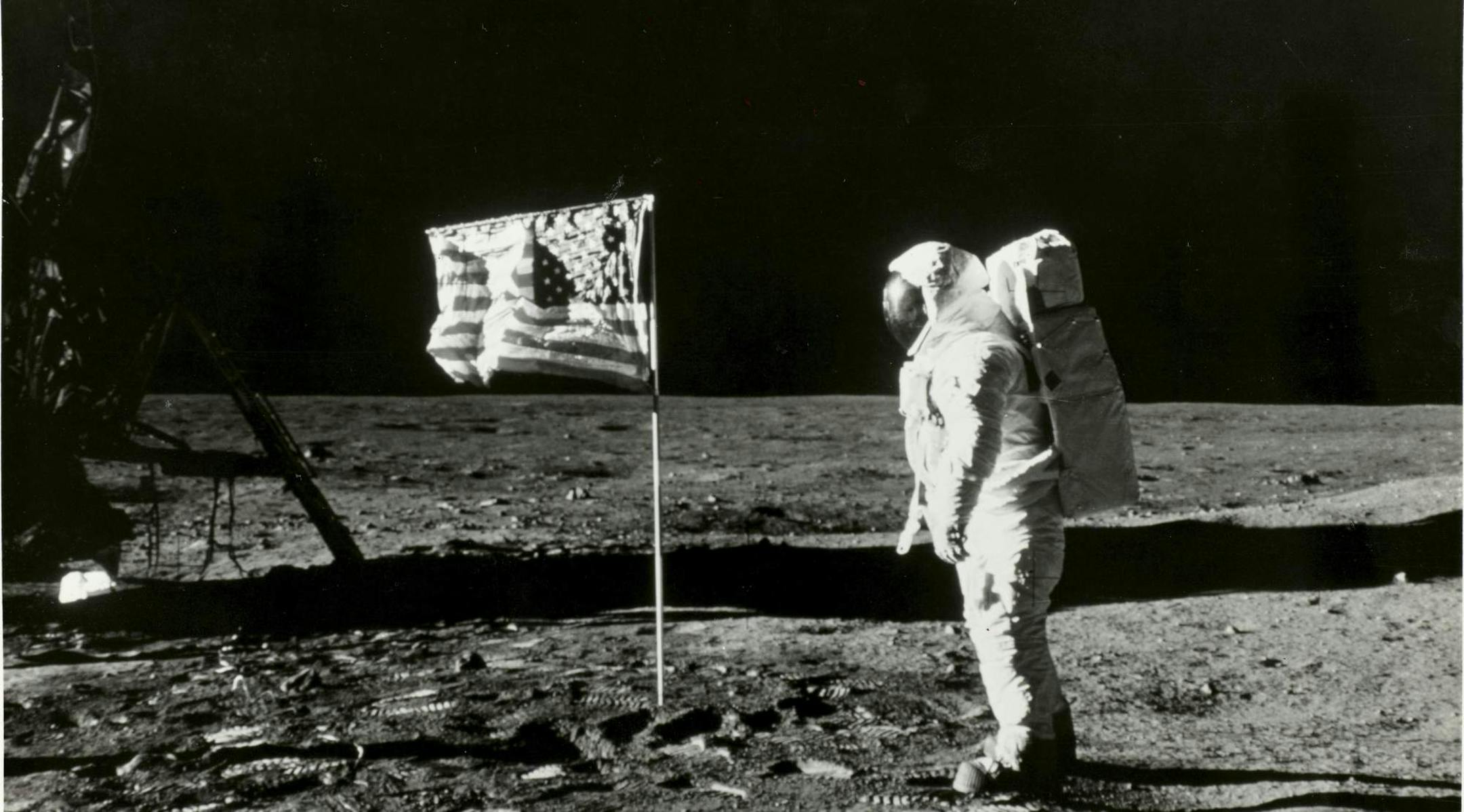 Neil Armstrong took this photo of Buzz Aldrin on the moon with the American flag in 1969 during the Apollo 11 mission. (Neil Armstrong/Nasa/TNS) ORG XMIT: 1365999