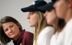 (From left) Gophers softball coach Jessica Allister and players Kendyl Lindaman, Maddie Houlihan, and Sydney Dwyer will use the team's seeding snub as