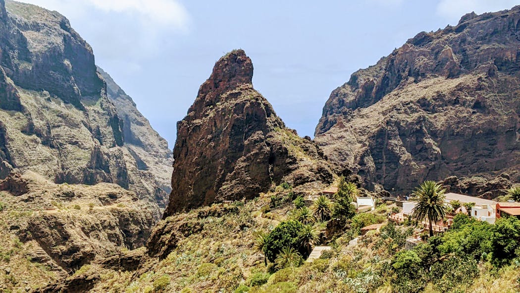 In the valley of Masca on Tenerife, a quaint village teeters near a rock formation above the Atlantic Ocean.
