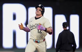 The Twins' Harrison Bader, pictured May 7, has been out of the lineup the last two days because of a finger injury on his right hand.