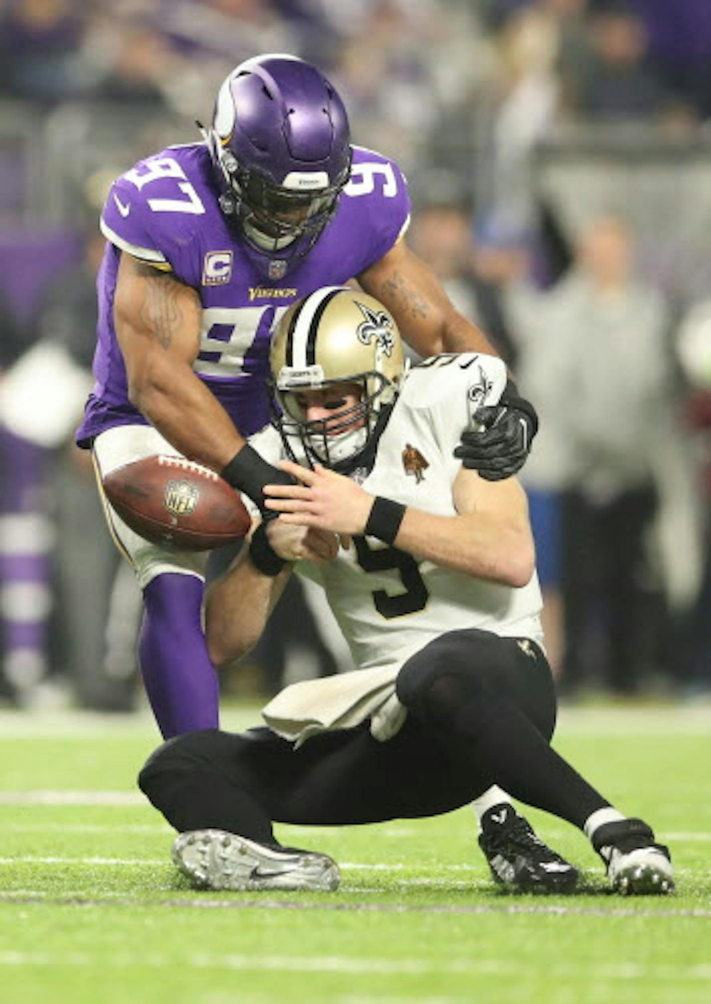 New Orleans Saints quarterback Drew Brees was sacked in the second quarter for a 6-yard loss by Vikings defensive end Everson Griffen during Sunday's NFC divisional playoff game.