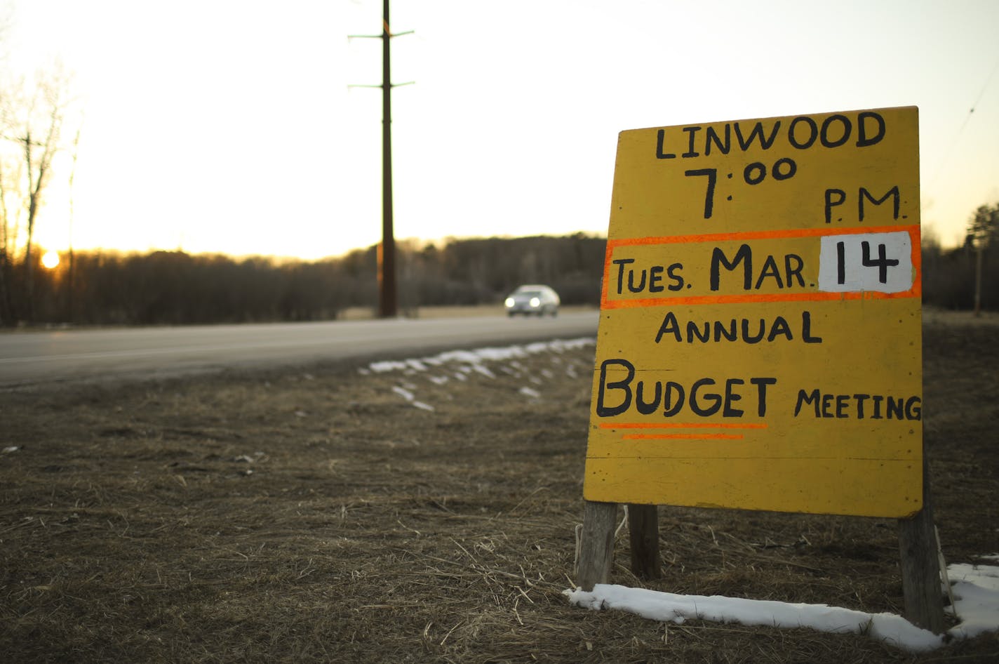 A sign several miles outside of town reminded residents of the annual Town Meeting Tuesday night. ] JEFF WHEELER &#xef; jeff.wheeler@startribune.com The residents of Linwood Township &#xf1; Anoka County's last remaining township &#xf1; packed their new township hall for their annual town hall meeting on Tuesday night, March 14, 2017, where neighbors vote and set the annual tax levy.