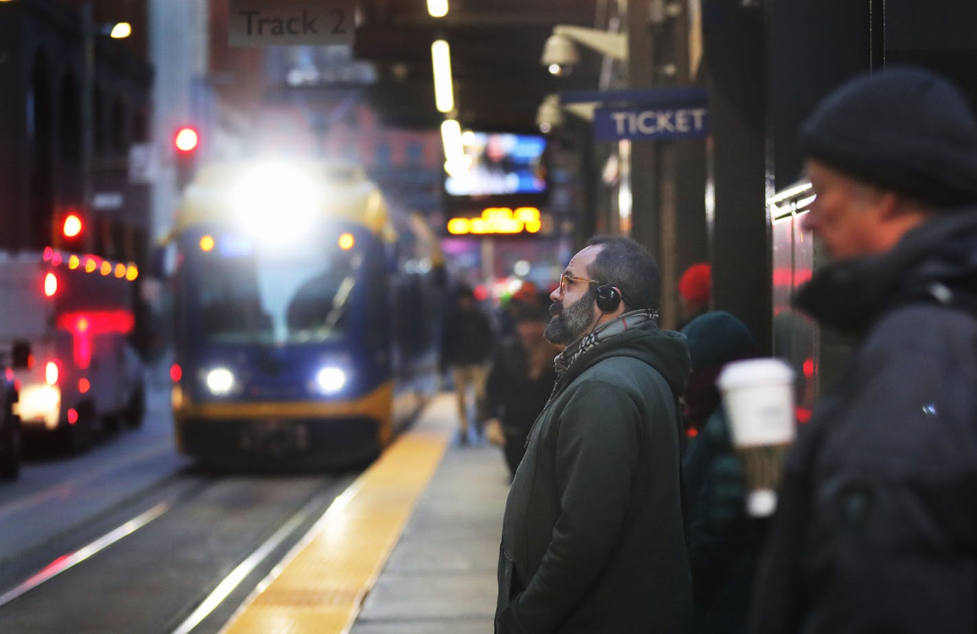 Commuters wait for a light rail train at the Nicollet Mall station in downtown Thursday, Nov. 7, 2019, in Minneapolis, MN.] DAVID JOLES &#x2022; david.joles@startribune.com A recent Sunday afternoon stabbing on the Green Line LRT has raised new questions about the safety of passengers using the Twin Cities' two light-rail lines. It's a challenge facing new Metro Transit police chief Eddie Frizell, and one that frustrates regular transit riders who rely on public transportation to get to work and