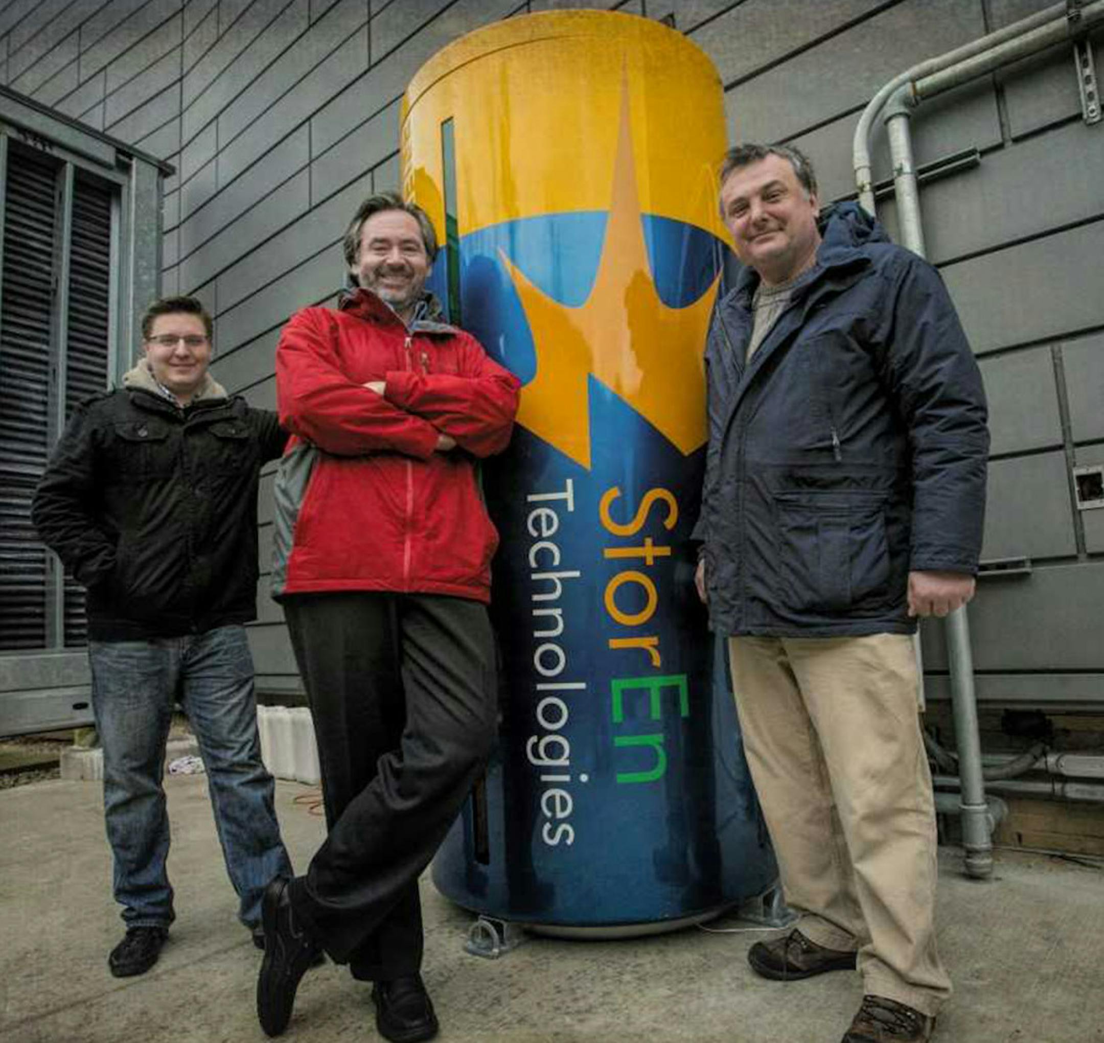 Mike Kuhl, Mechanical Engineering Manager at Unique Technical Services (from left), David Hamilton, Director of Operations, AERTC & Executive Director, Vyacheslav Solovyov, PhD, of BTG and Stony Brook University Department of Engineering stand near the StorEn Technology lithium battery storage module outside of the Advanced Energy Research and Technology Center.(John Griffin/Stony Brook University/TNS) ORG XMIT: 1274429