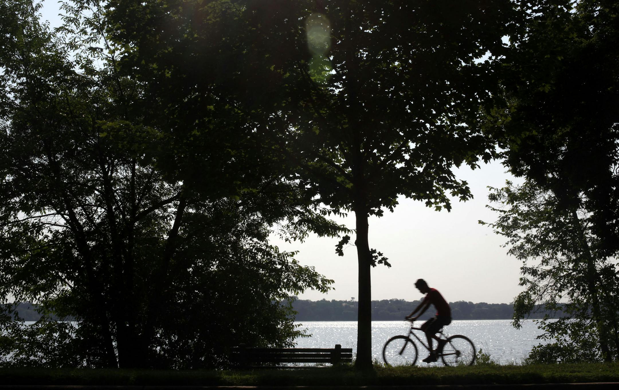 Despite the rising heat, bikers, runners, and walkers still enjoyed the Lake Calhoun trails on Monday morning.] MONICA HERNDON monica.herndon@startribune.com Minneapolis, MN 07/21/14