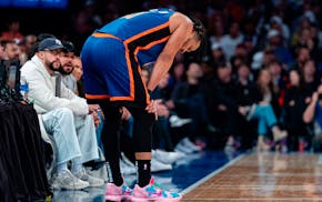 New York Knicks' Jalen Brunson (11) stands on the court during the first half of an NBA basketball game against the Oklahoma City Thunder in New York,