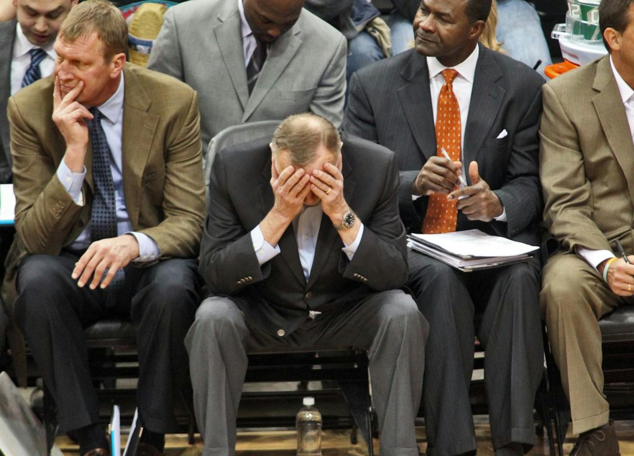 Timberwolves vs. Denver. It was long night for Wolves head coach Rick Adelman, 2nd from left and his coaching staff as Denver took a commanding lead in the game. (MARLIN LEVISON/STARTRIBUNE(mlevison@startribune.com