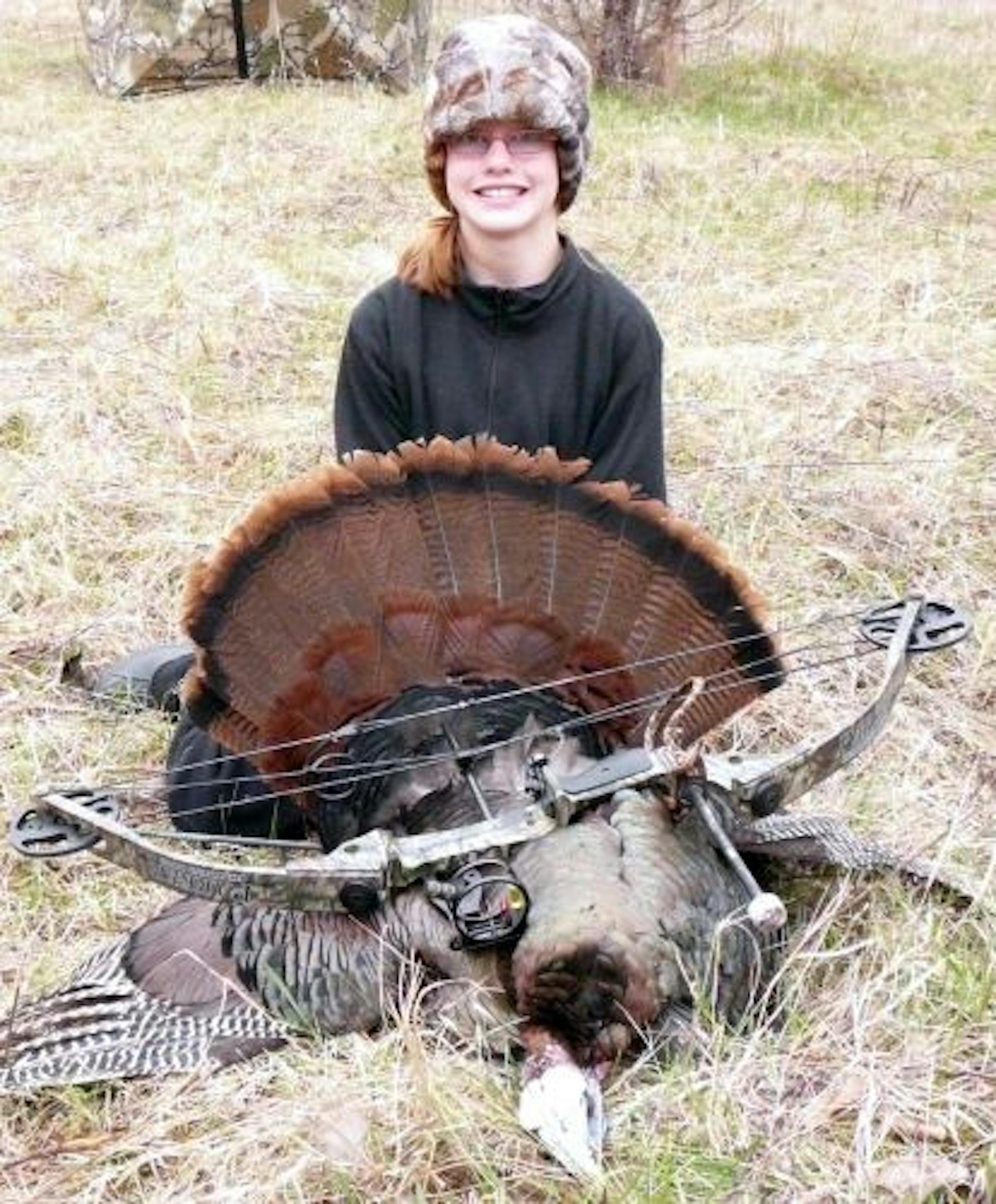 Abigail Teschendorf, 12, of Lino Lakes bagged a record gobbler over the weekend in Anoka County with a bow and arrow. The bird had two beards.