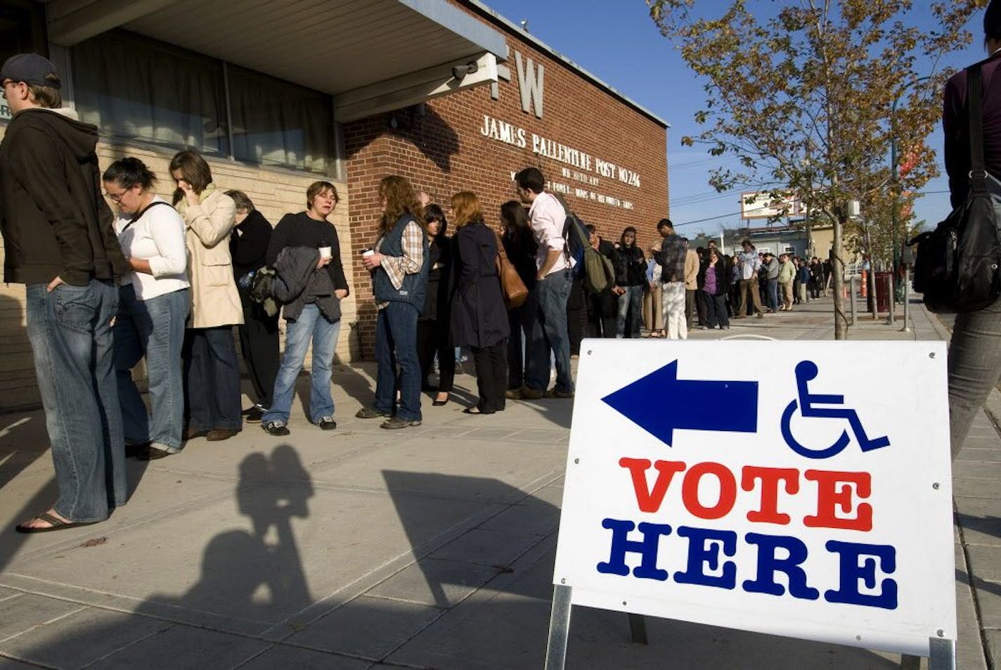 This Nov. 4, 2008, photo provided by MinnPost shows young voters waiting to cast ballots at a polling place in Minneapolis. If millennials, currently ages 22 to 37, vote this year, they could help sway the outcome of several different elections in Minnesota. November's election is projected to be the country's first in which there are more millennials eligible to vote than baby boomers.